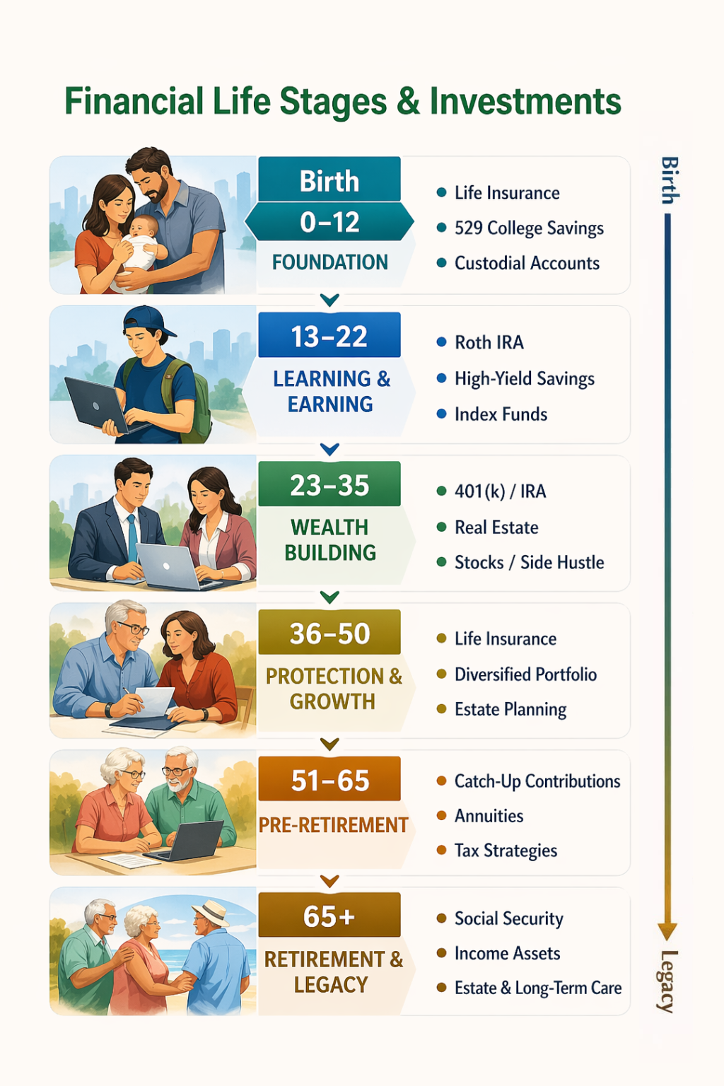 chart showing financial life stages from birth to legacy